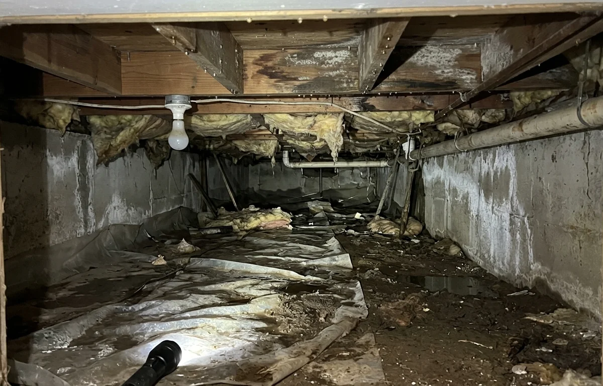 Dark basement crawlspace with exposed wooden joists, a hanging light bulb, damp insulation, and debris on the wet floor.